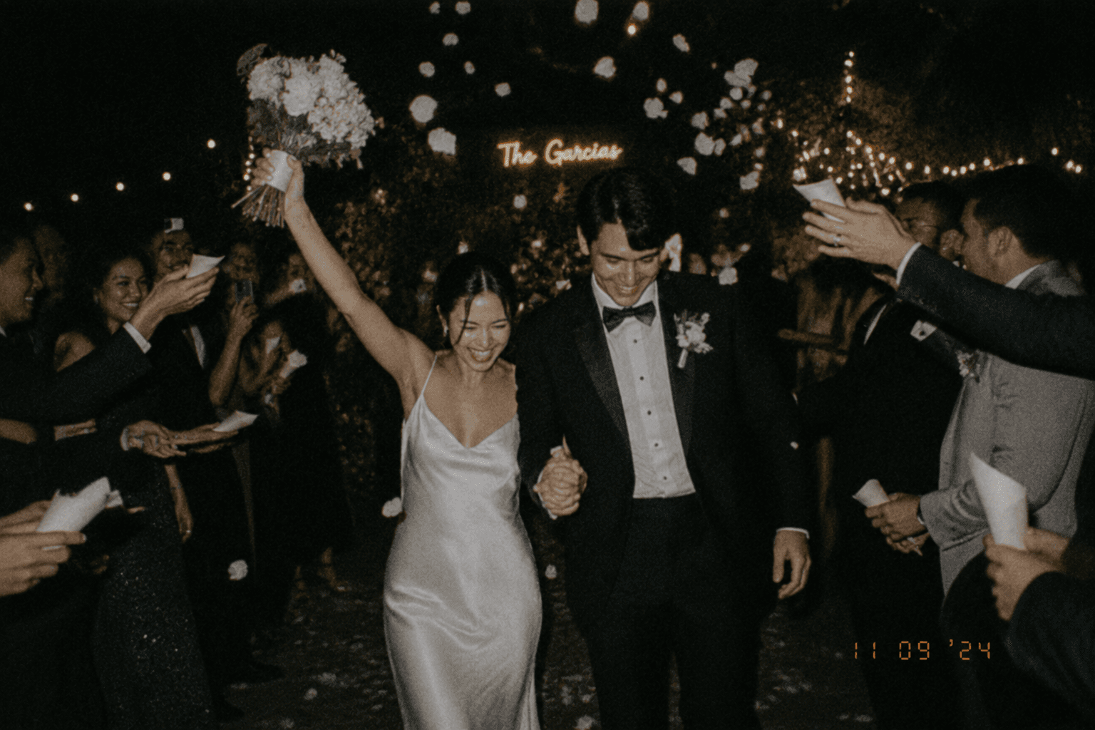 Wedding couple exit with confetti